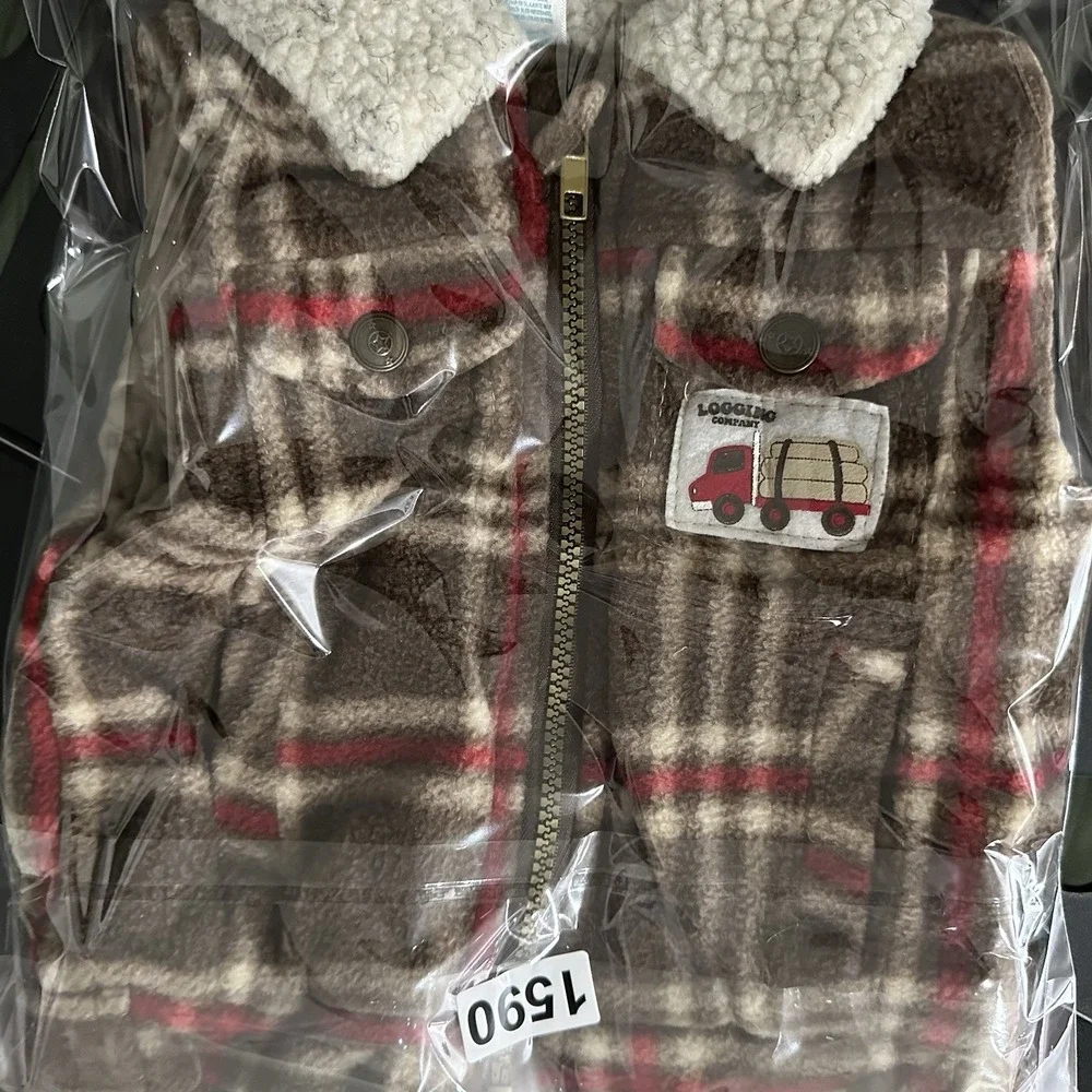 Kids Play 12M Plaid‎ Fleece Vest Brown Red Logging Truck Patch Lumberjack
